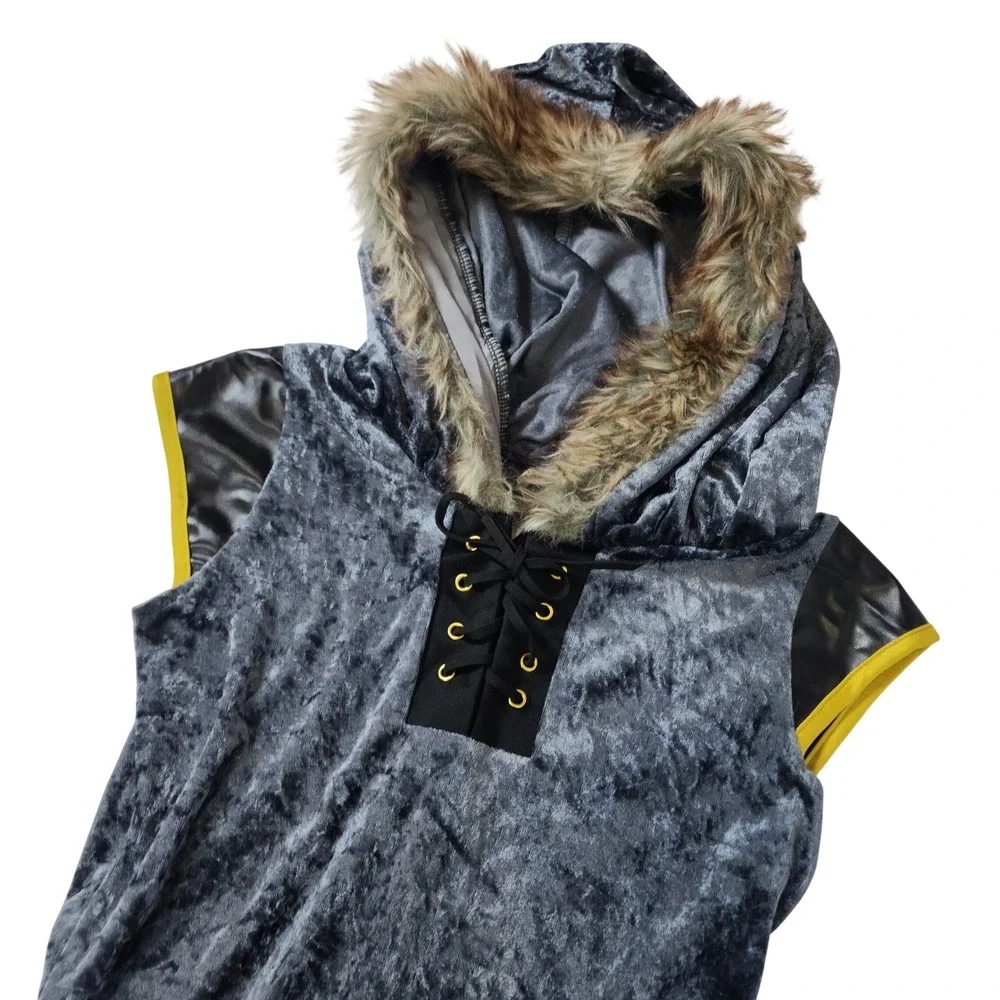 Kids Blue Crushed Velvet Medieval Fantasy Costume Dress  Fur Hood Large 12-14
